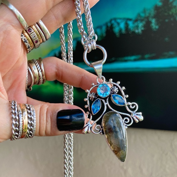 925 Sterling silver overlay natural labradorite sapphire aquamarine necklace - Picture 10 of 16